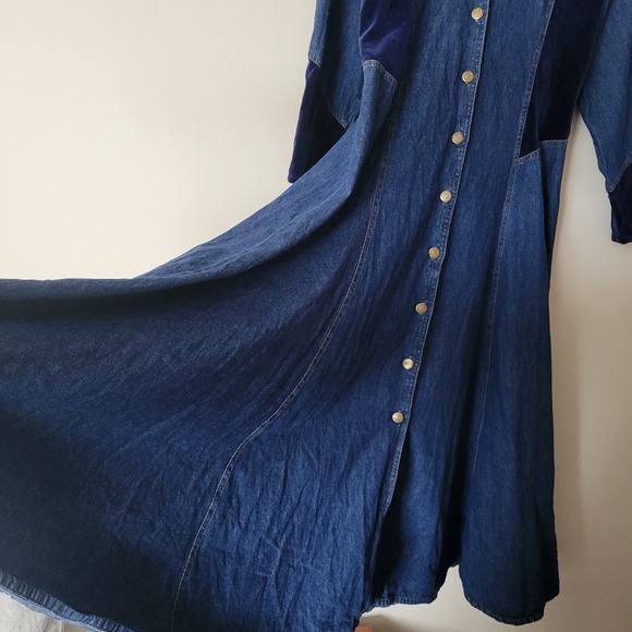 Vintage 90s Western Long Sleeve Denim Velvet Patchwork Maxi Dress Duster Size M - Picture 7 of 11